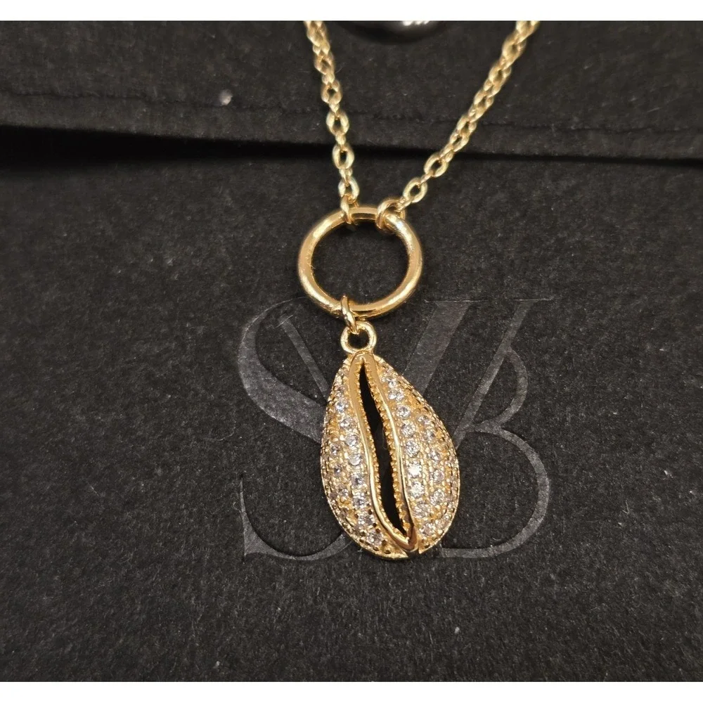 New Sterling Silver Pave Cowrie‎ Seashell Anklet Gold Tone 8.5-10